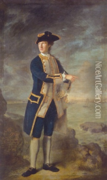 Portrait Of Captain The Hon. Robert Boyle Walsingham In Naval Uniform, With A View Of Louisbourg, Canada, Beyond Oil Painting - Nathaniel Hone the Elder