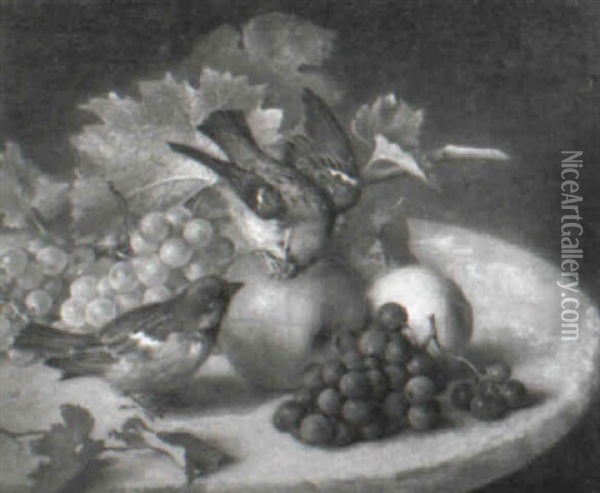 Stilleben Mit Weintrauben, Apfel Und Zwei Spatzen Oil Painting - Luise von Martens