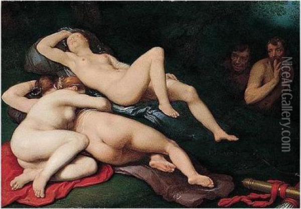 Diana Sleeping With Her Nymphs, Spied On By Satyrs Oil Painting - Cornelis Cornelisz Van Haarlem