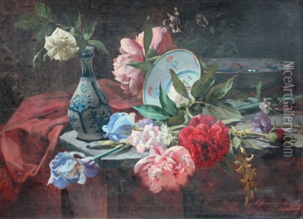Nature Morte Au Jete De Fleurs Et Ceramiques Oil Painting - Louis Emile Adan