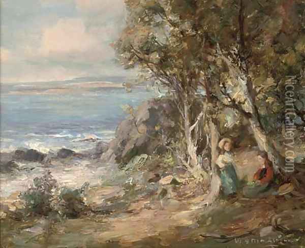Young girls beside trees overlooking the sea Oil Painting - William Stewart MacGeorge