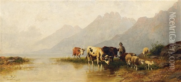 Viehherde Am Ufer Eines Gebirgssees Oil Painting - Christian Friedrich Mali