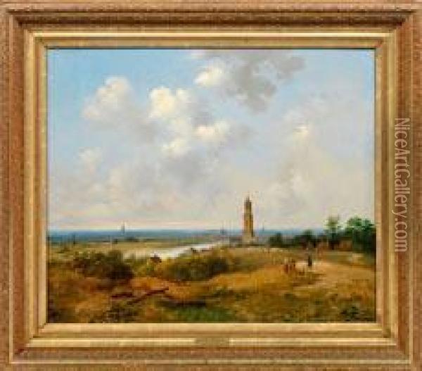 Grose Hollandische Flusslandschaft Mit Blick Auf Ein Dorf Oil Painting - Ferdinand Hendrik Sijpkens