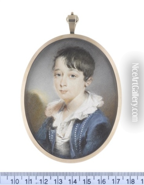 A Young Boy, Named John Fairlie, Wearing Blue Coat, White Waistcoat, A Broad Frilled Collar To His Chemise Oil Painting - John Cox Dillman Engleheart