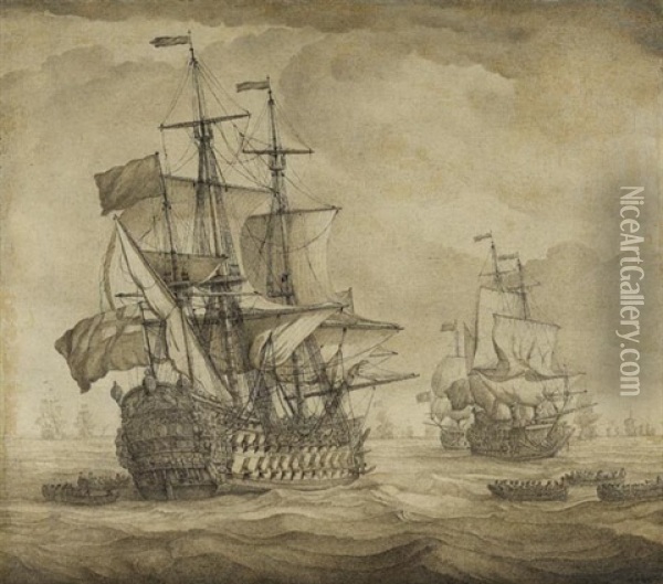 Englische Kriegsschiffe Oil Painting - Willem van de Velde the Elder