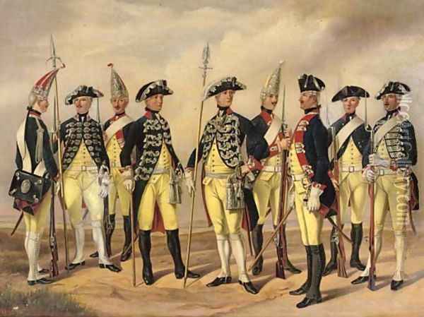 The Prussian Military in circa 1786 Soldiers of the Infantry and Artillery Oil Painting - Gustav Schwartz or Schwarz