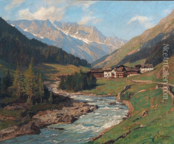 Alpental Im Sommer Mit Weiler Oil Painting - Georg Macco