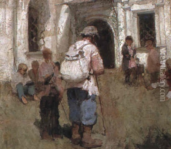 Wandering Pilgrims Outside A Church Oil Painting - Sergey Korovin