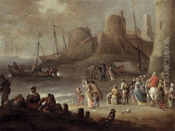A Mediterranean Coastal Landscape With Elegant Figures On A Beach With Fishermen Unloading Their Catch, A Fortified Town Beyond Oil Painting - Hieronymous (Den Danser) Janssens