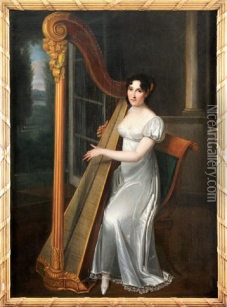 Portrait De Josephine Fridrix (ulyana Miklailova Alexandrova) A La Harpe Oil Painting - Henri Francois Riesener