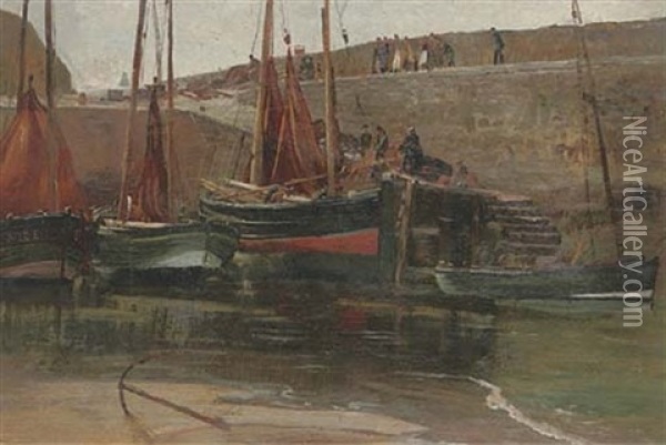 Fishing Boats In Harbour - Low Tide Oil Painting - James Barclay Grahame