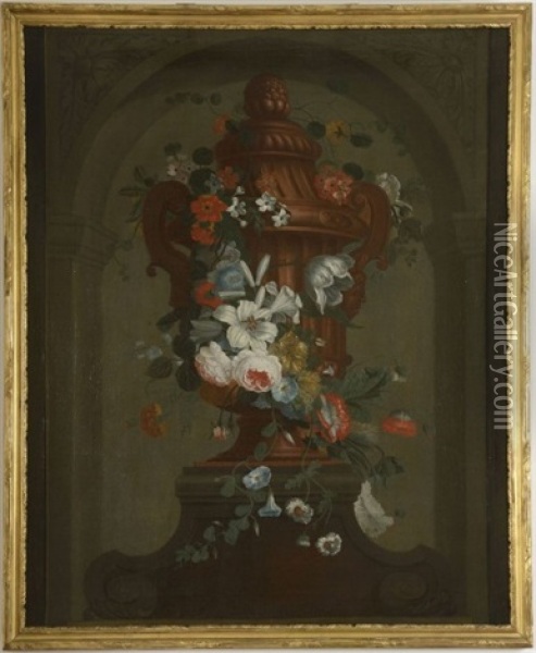 Grand Vase A La Guirlande De Fleurs Sur Un Piedestal (+ 1 Other; 2 Works) Oil Painting - Pieter Hardime