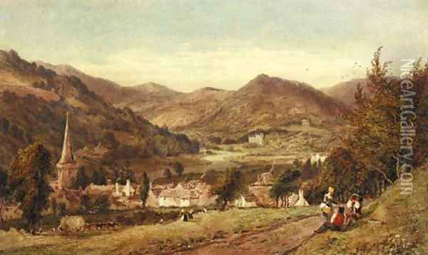 Haymakers resting beside a track with a village below Oil Painting - Joseph Murray Ince