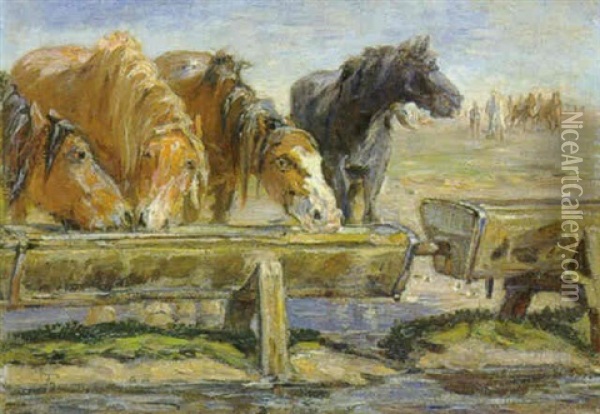 Heste Ved Gammelgards Brond Oil Painting - Theodor Philipsen