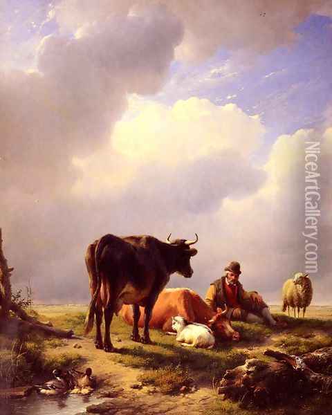 A Farmer At Rest With His Stock Oil Painting - Eugene Verboeckhoven