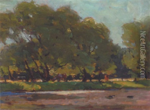 Cattle By The River Oil Painting - John William Beatty