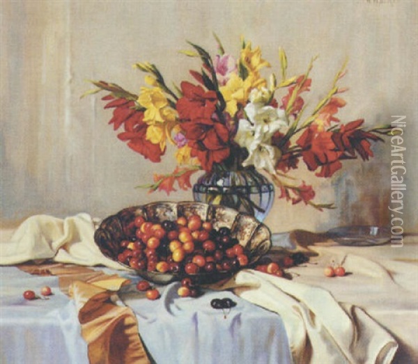 A Vase Of Gladioli And Bowl Of Cherries On Flounced Fabrics Oil Painting - Adolf Hacker
