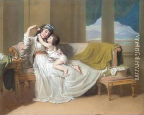 Portrait Of A Woman And Child In An Interior Oil Painting - Hugh Douglas Hamilton