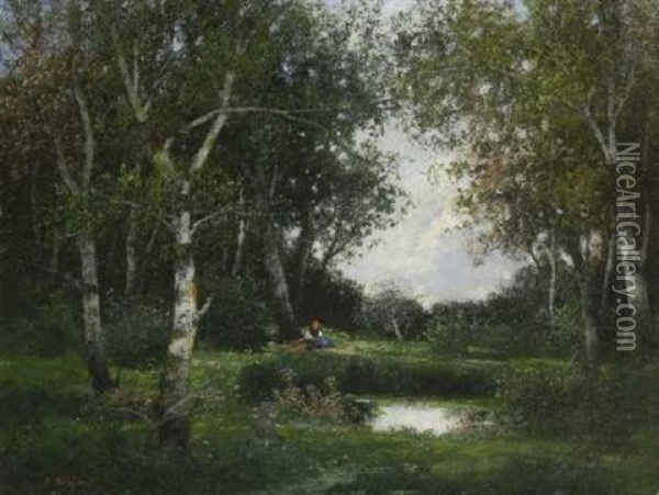 Rastende Reisigsammlerin Am Teich In Baumlandschaft Oil Painting - Adolf Kaufmann