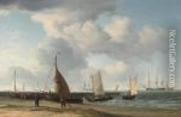 A Dutch Fishing Pinck Hauled Up On The Beach, With Men-o'war At Anchor In The Distance Oil Painting - Charles Brooking