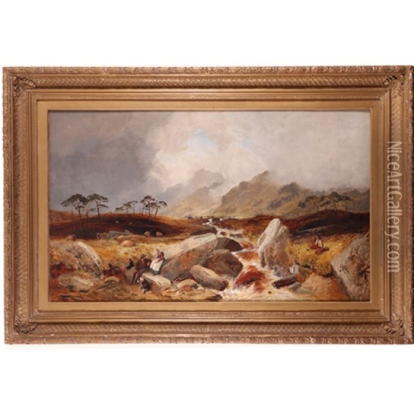 Rustics Resting By A Highland Stream Oil Painting - Clarence Henry Roe