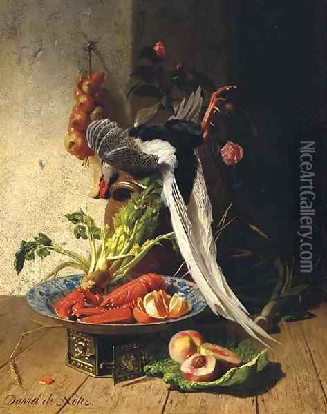 A kitchen still life with a pheasant, a lobster, various fruits and vegetables Oil Painting - David Emil Joseph de Noter