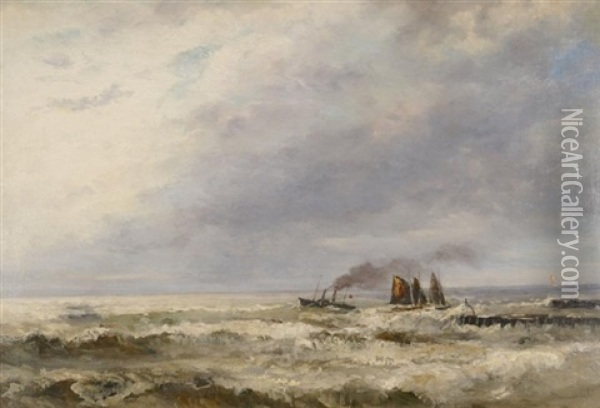 Ostende. Ein Dampfschiff Und Segelboote Auf Rauher See Vor Der Kuste Oil Painting - Friedrich Ernst Morgenstern