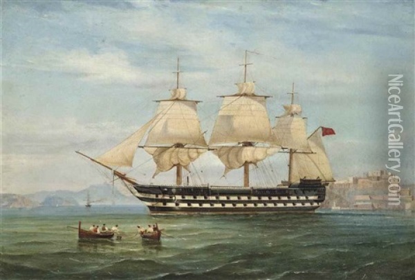 A British Warship Of The Mediterranean Fleet Getting Underway From Her Anchorage Off Naples Oil Painting - Tommaso de Simone