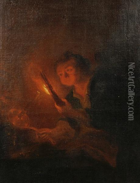 A Boy Blowing On A Firebrand To Light Acharcoal Oil Painting - Godfried Schalcken