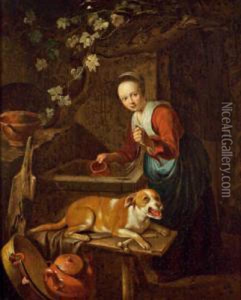 Del Xviii Secolo Giovane Donna Con Un Cane Alla Fonte Oil Painting - Pieter Cornelisz. van SLINGELANDT