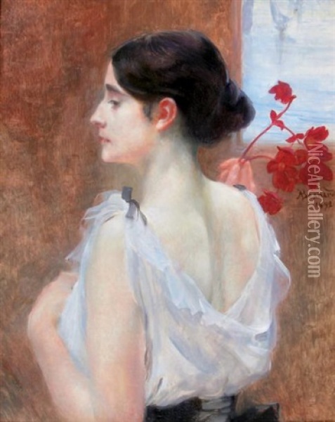 Jeune Femme A La Branche Fleurie Oil Painting - Albert Besnard
