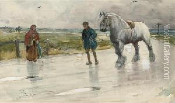 Leading The Way Home: A Suffolk Punch And His Groom Oil Painting - Cecil Charles Aldin