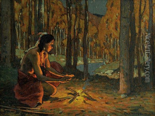 Indian With Campfire Oil Painting - Eanger Irving Couse