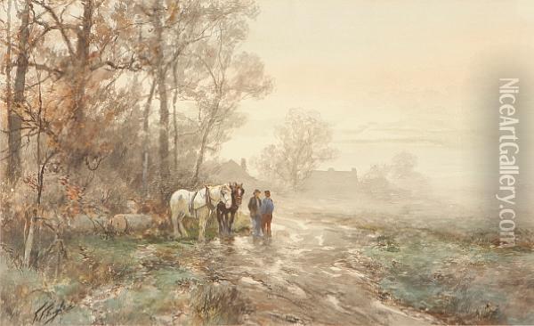 A Landscape With Figures And Horses On Apath Oil Painting - Frank F. English