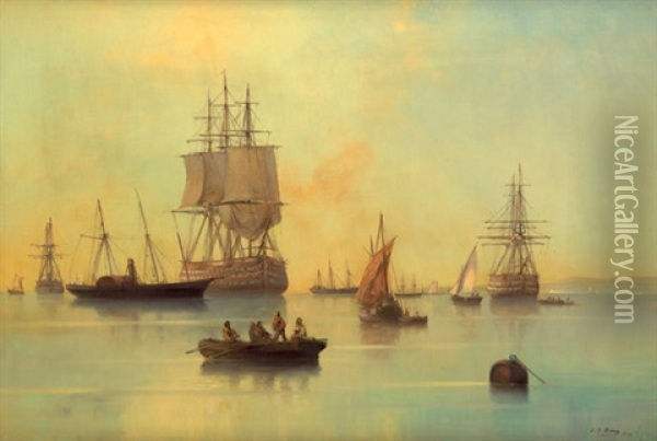 Segelschiffe Und Raddampfer Bei Windstiller See Vor Der Kuste Oil Painting - Josef Karl Berthold Puettner
