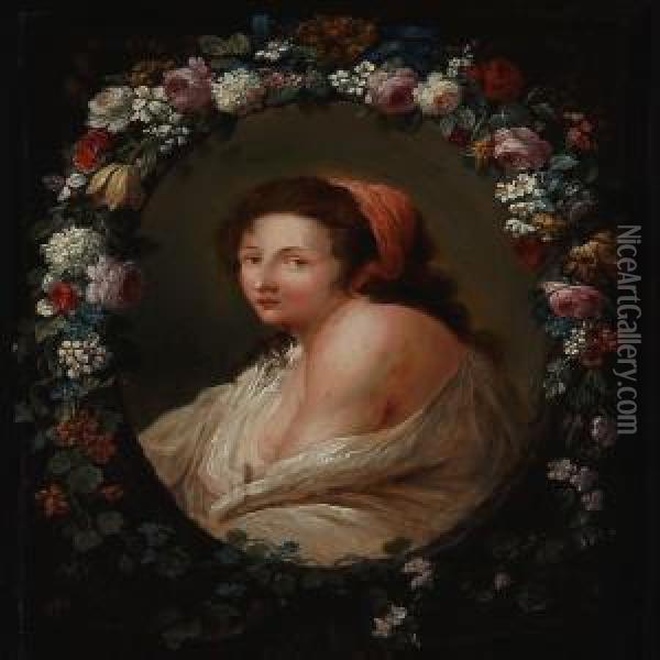 Portrait Of A Woman In An Oval Flower Medallion Oil Painting - Johann Amandus Winck