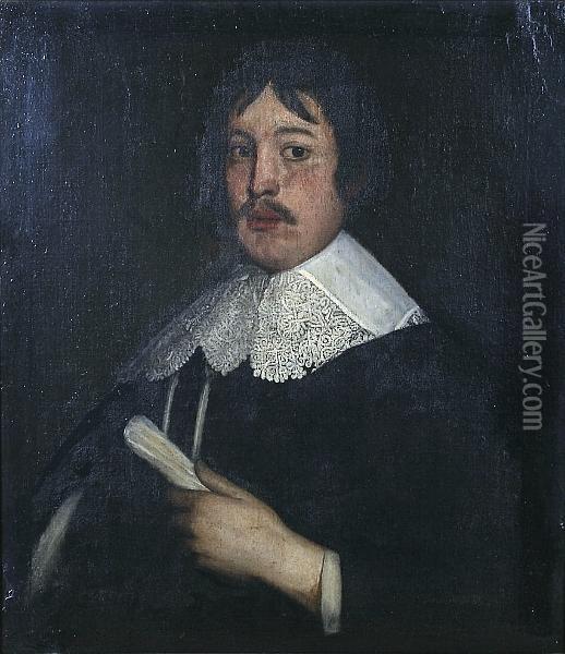 A Portrait Of A Gentleman Wearing White Lace Collar And Dark Jacket, Bust Length Oil Painting - Cornelius Jonson
