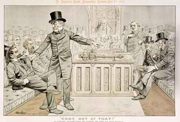 Come Out of That Mr Gladstone Returns from the Country and Finds his Seat Occupied from St Stephens Review Presentation Cartoon 7 August 1886 Oil Painting - Tom Merry