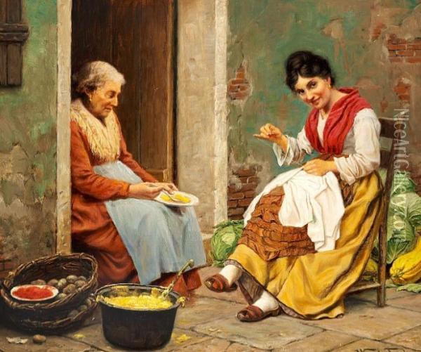 Tornoe: Two Italian Women Sitting In Front Of An Old House Oil Painting - Wenzel Ulrik Tornoe
