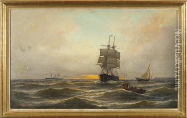 Ships At Sea Oil Painting - Christian Fredrik Swensson