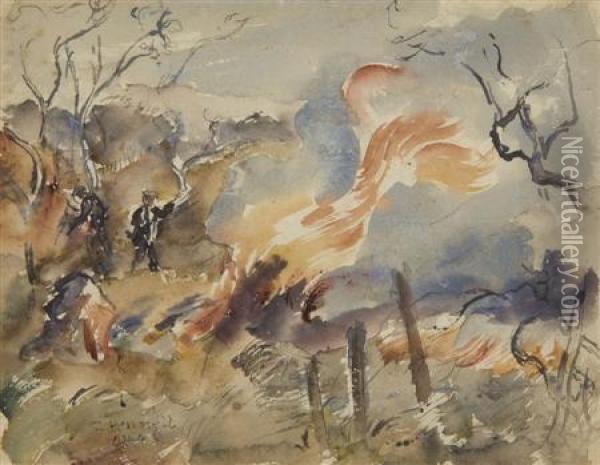 Burning Stubble Oil Painting - Thomas Barclay Hennell