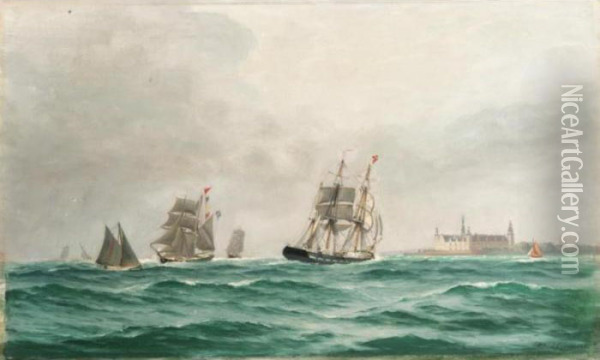 Danish Ships Sailing Near Kronberg Castle Oil Painting - Alfred Theodor Olsen