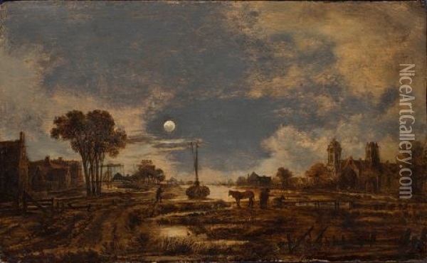 River Landscape By Moonlight, Baroque Church To The Right Oil Painting - Aert van der Neer