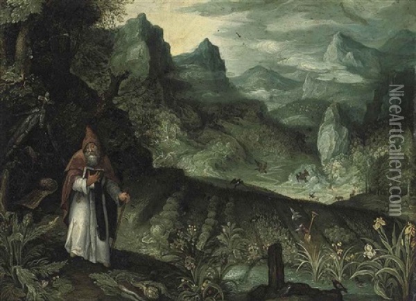An Extensive Landscape With Saint Anthony Abbot Before His Field Of Crops Oil Painting - Paul Bril