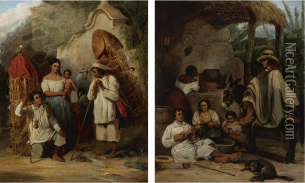 Two Paintings: Vendedor De Gallinas Caraqueno And Posada, Venezuela Oil Painting - Ferdinand Konrad Bellermann