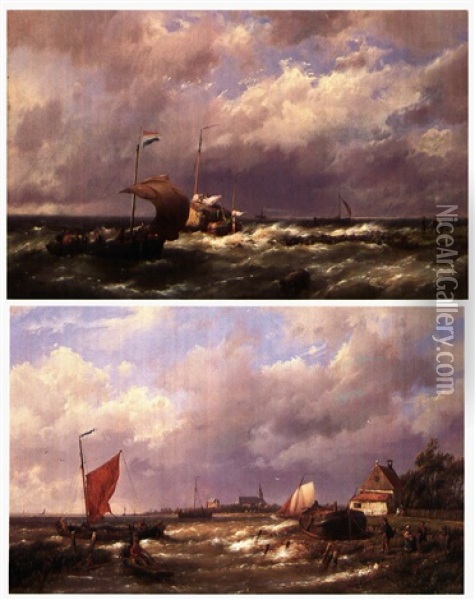 Shipping Scenes Off The Dutch Coast, A Pair Oil Painting - Hermanus Koekkoek the Elder