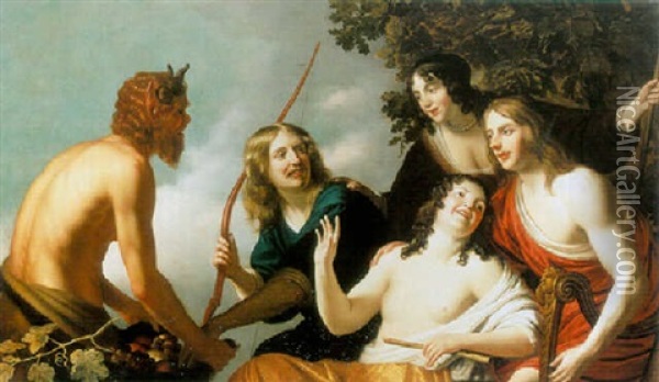 Pan Presenting Grapes To A Party Of Young Men And Women, (the Children Of Frederik V Of The Palatinate?), Dressed As Olympian Gods Oil Painting - Gerrit Van Honthorst