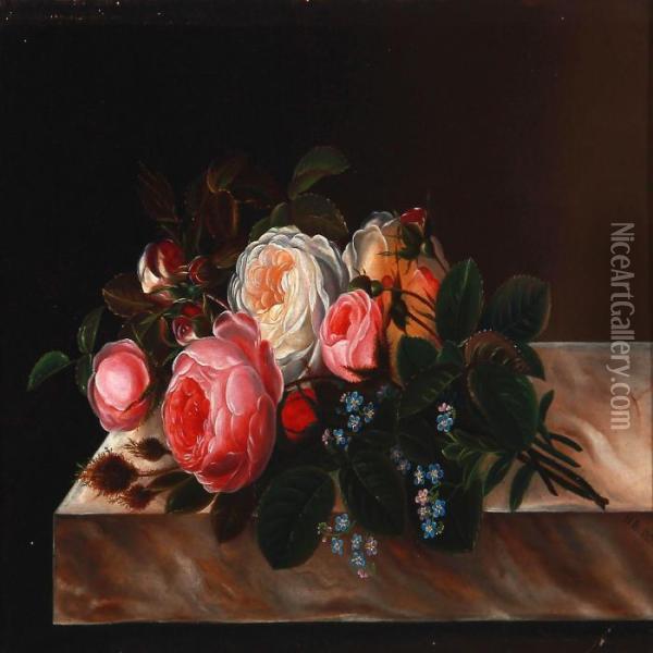 Still Life With Roses And Forget-me-not On A Sill Oil Painting - I.L. Jensen