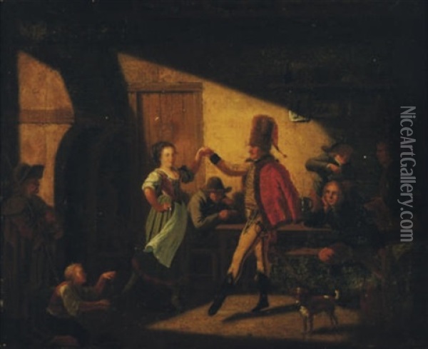 An Officer Dancing In A Tavern (+ Another; Pair) Oil Painting - Nicolas-Louis-Albert Delerive