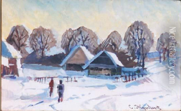 Village Sous La Neige Oil Painting - Stanislav Iulianov. Joukovski